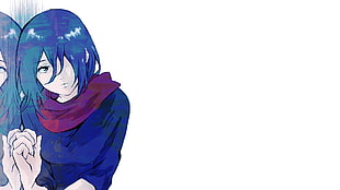 female anime character with blue hair and tops
