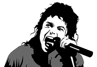 black and gray illustration of a man holding microphone