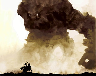 horsemen taking a shot on golem using bow and arrow, Shadow of the Colossus, video games, giant, Colossal Titan