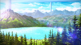 lake near mountain illustration