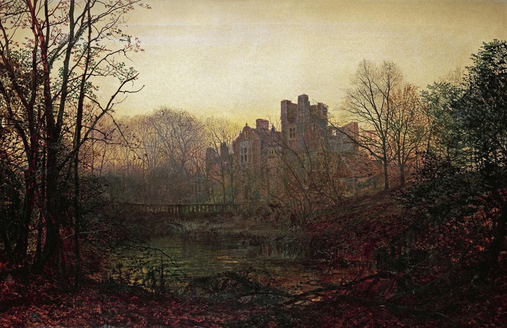 painting of lake near building, John Atkinson Grimshaw, classical art, painting, fall