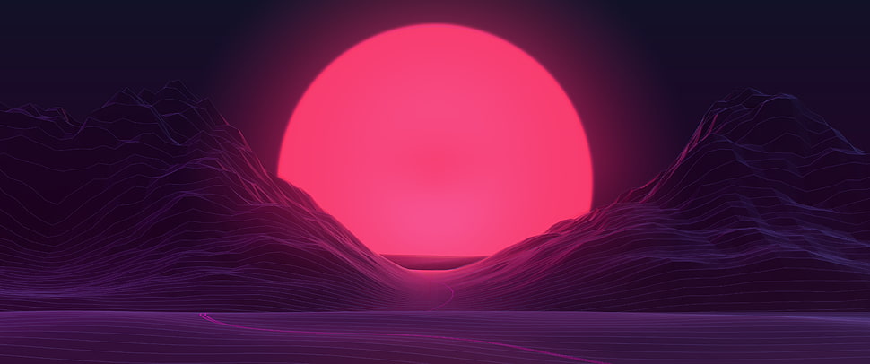 pink moon painting, sunset, neon, mountains HD wallpaper