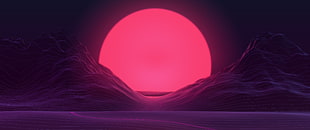 pink moon painting, sunset, neon, mountains