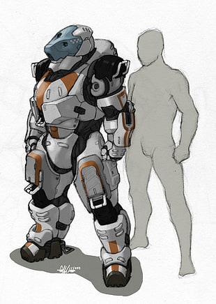white and orange mobile armor suit illustration, Novus Imperium, Tekka-Croe, Colony Ships, power armor