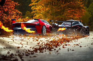 two black and red sport car racing on gray pavement road