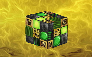 green, black, and yellow 3 by 3 rubik's cube poster