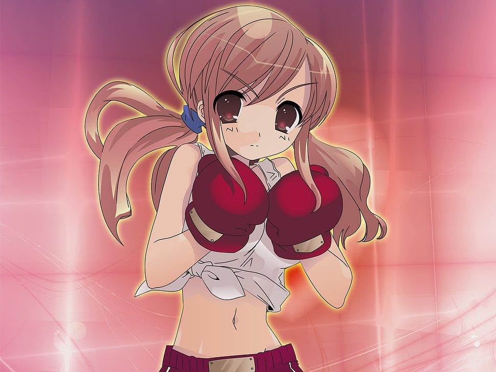 fremale anime character with red boxing gloves and pig tails HD wallpaper