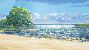 green tree near shore painting, ArseniXC, Everlasting Summer, beach, sea HD wallpaper