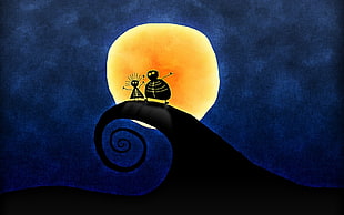 silhouette of two person on top of the spiral cliff under the bright new moon illustration