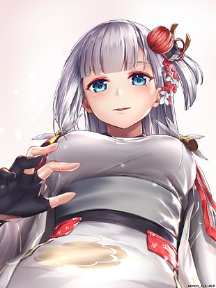grey haired female anime character, boobs, white  background, Azur Lane, Shozuru (Azur Lane)