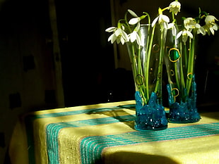 two clear-glass vases with white flowers
