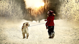 girl in red jacket walking with dog on snow field during daytime HD wallpaper