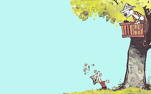 illustration of tiger on tree house, Calvin and Hobbes