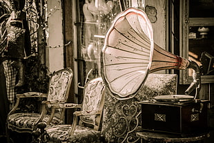 gray scale photo of gramophone and armchairs in room HD wallpaper