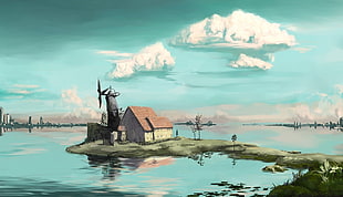 wooden house near lake painting, futuristic, digital art, water, windmill