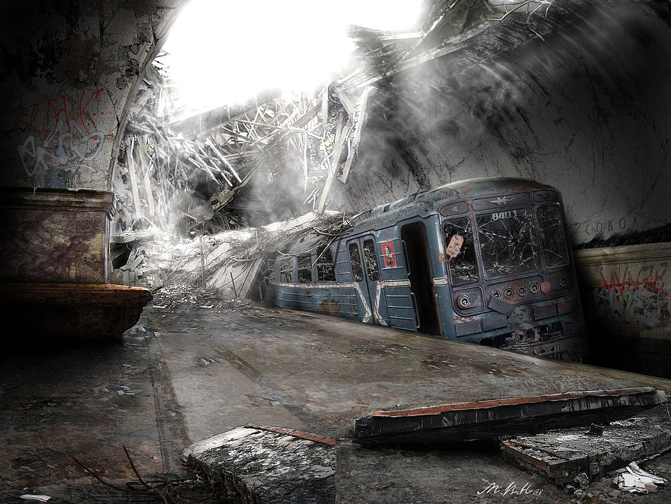 blue and gray metal train, subway, abandoned, dystopian, ruin HD wallpaper