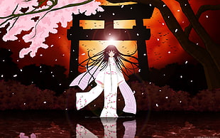 female anime character with black long hair wearing white kimono