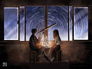 couple sitting on stool watching stars using telescope painting HD wallpaper