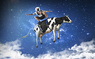man riding dairy cow graphic art, cow, space, blue, Photoshop HD wallpaper