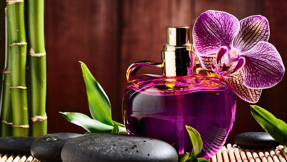 purple labeled fragrance bottle landscape photography HD wallpaper