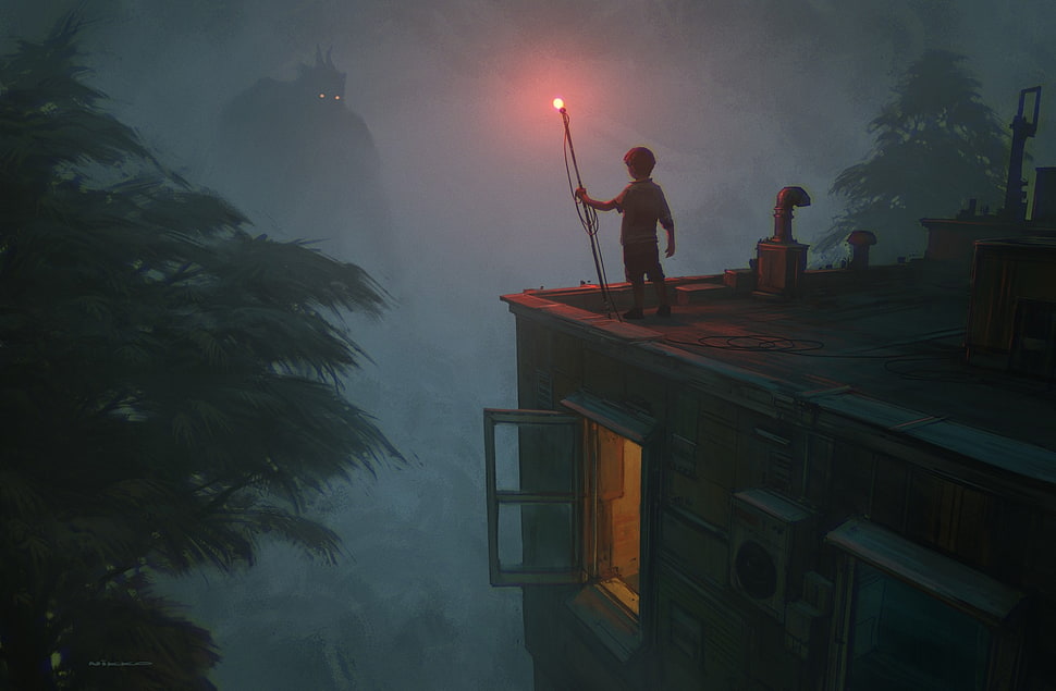 illustration of boy holding light on post standing on roof, science fiction, Nikolai Lockertsen HD wallpaper