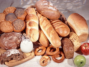 variety of bread with milk and apple fruit