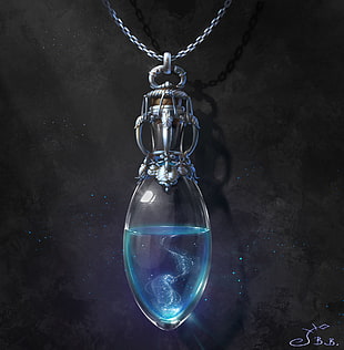 silver-colored and blue gemstone pendant necklace, Vera Velichko, potions, liquid, ice HD wallpaper