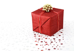 red gift box, boxes, presents, glitter, stars