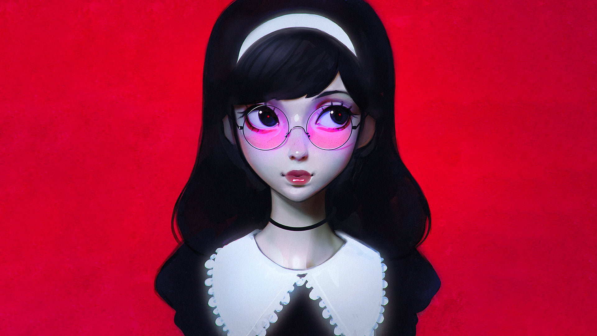 female character illustration, headband, red glasses, dark hair, Ilya Kuvshinov