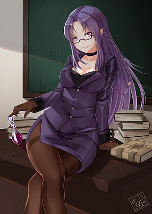 purple haired female anime character illustration, Caster (Fate/Stay Night), Fate Series, glasses, pantyhose