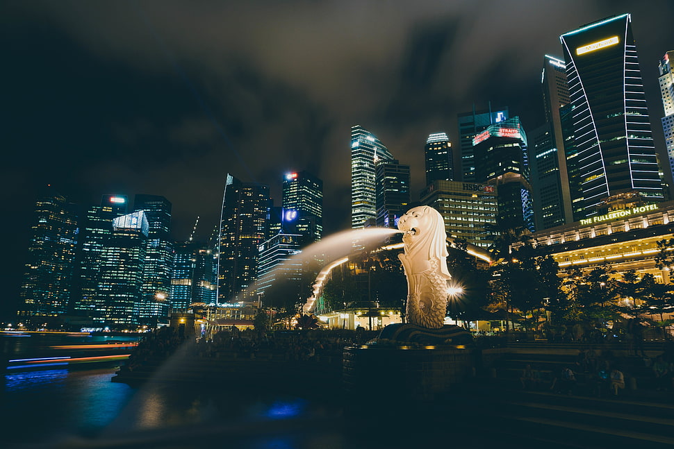 lion statue, Singapore, Fountain, Skyscrapers HD wallpaper