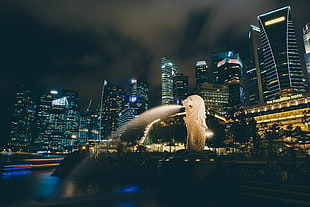 lion statue, Singapore, Fountain, Skyscrapers