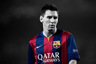 men's red and blue soccer jersey, Lionel Messi, FC Barcelona, selective coloring, men