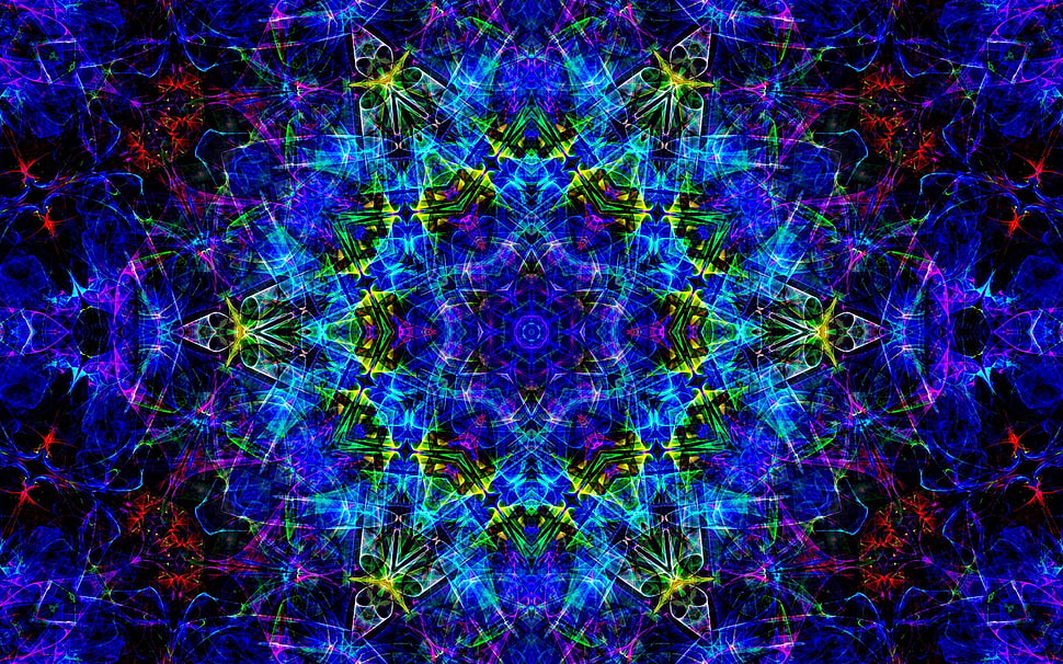 blue and red kaleidoscope, abstract, symmetry, fractal, psychedelic HD wallpaper