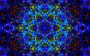 blue and red kaleidoscope, abstract, symmetry, fractal, psychedelic HD wallpaper