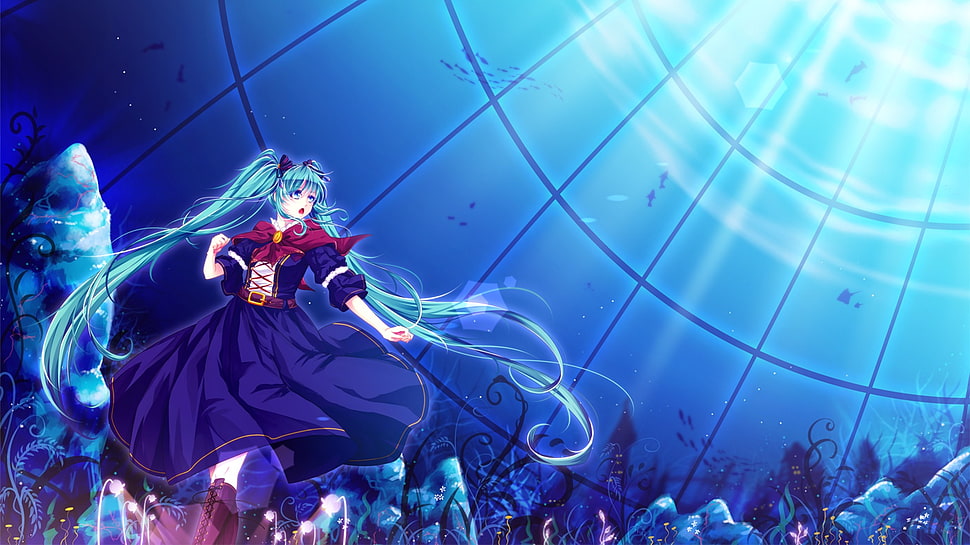 female blue haired anime character HD wallpaper