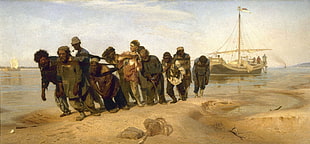 people on shore pulling ship painting, llya Repin, Barge Haulers on the Volga, classic art