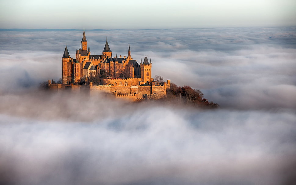 brown concrete castle, Burg Hohenzollern, castle, mist HD wallpaper