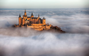 brown concrete castle, Burg Hohenzollern, castle, mist