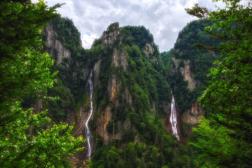 green trees near mountain under cloudy sky HD wallpaper