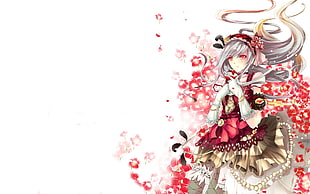 female anime character in red and brown dress floral digital wallpaper