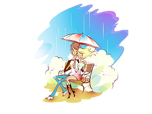 man holding umbrella beside woman sitting on bench illustration