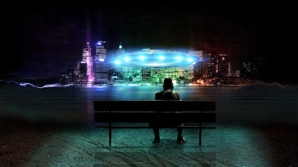 wooden outdoor bench, landscape, UFO, cityscape, digital art HD wallpaper