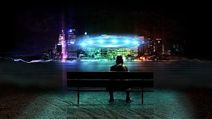 wooden outdoor bench, landscape, UFO, cityscape, digital art HD wallpaper