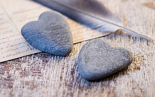 two grey heart-shape stones placed on brown wooden table