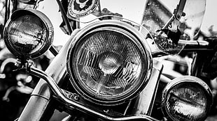grayscale photo of touring motorcycle, motorcycle, vehicle, monochrome