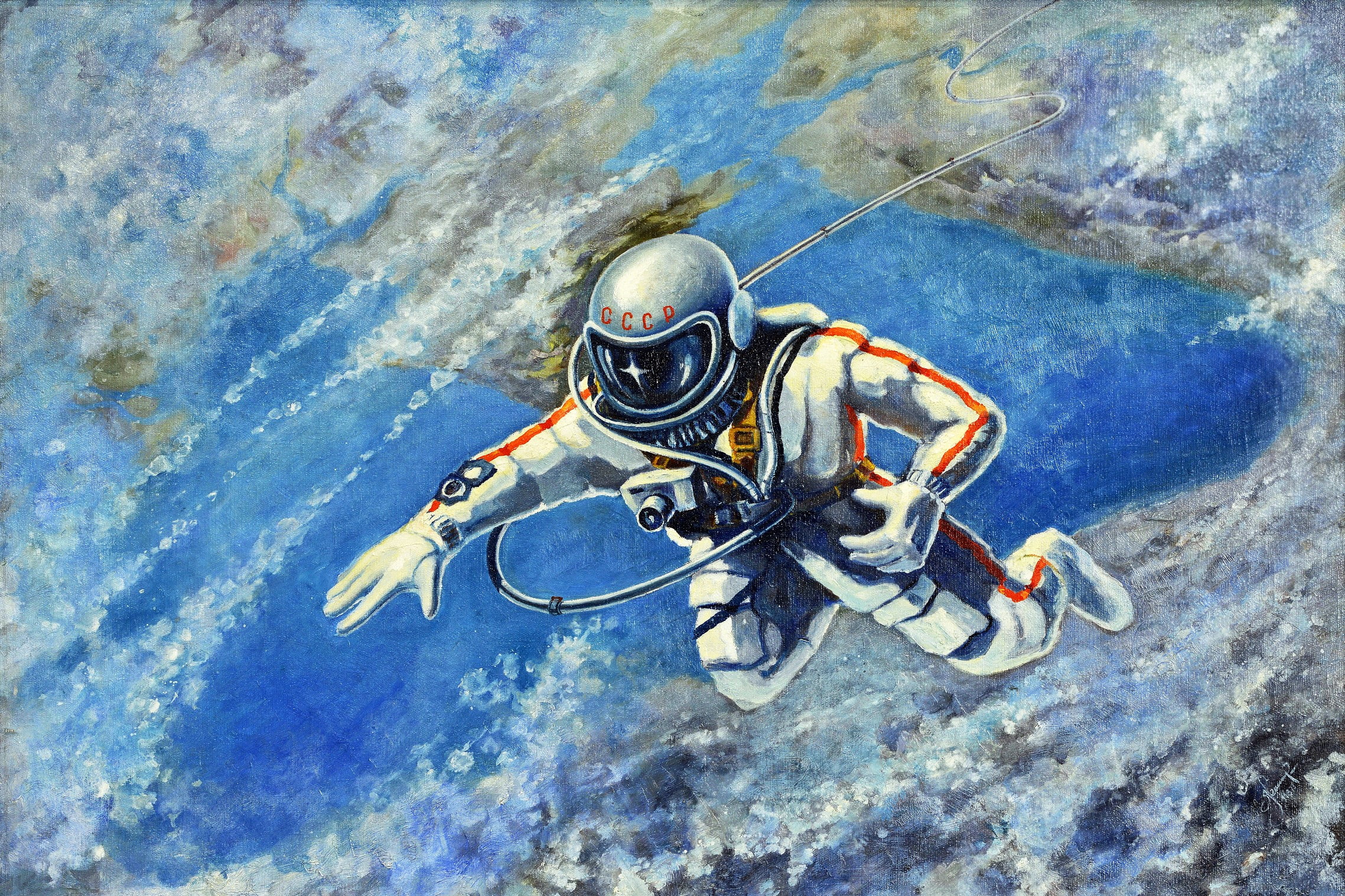 blue and white astronaut illustration, astronaut, artwork, USSR