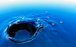 macro photography of drop of blue body of water