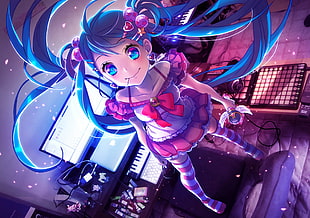 blue-haired female anime graphic art HD wallpaper