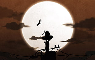 figure silhouette sitting on top of utility post overlooking fullmoon wallpaper